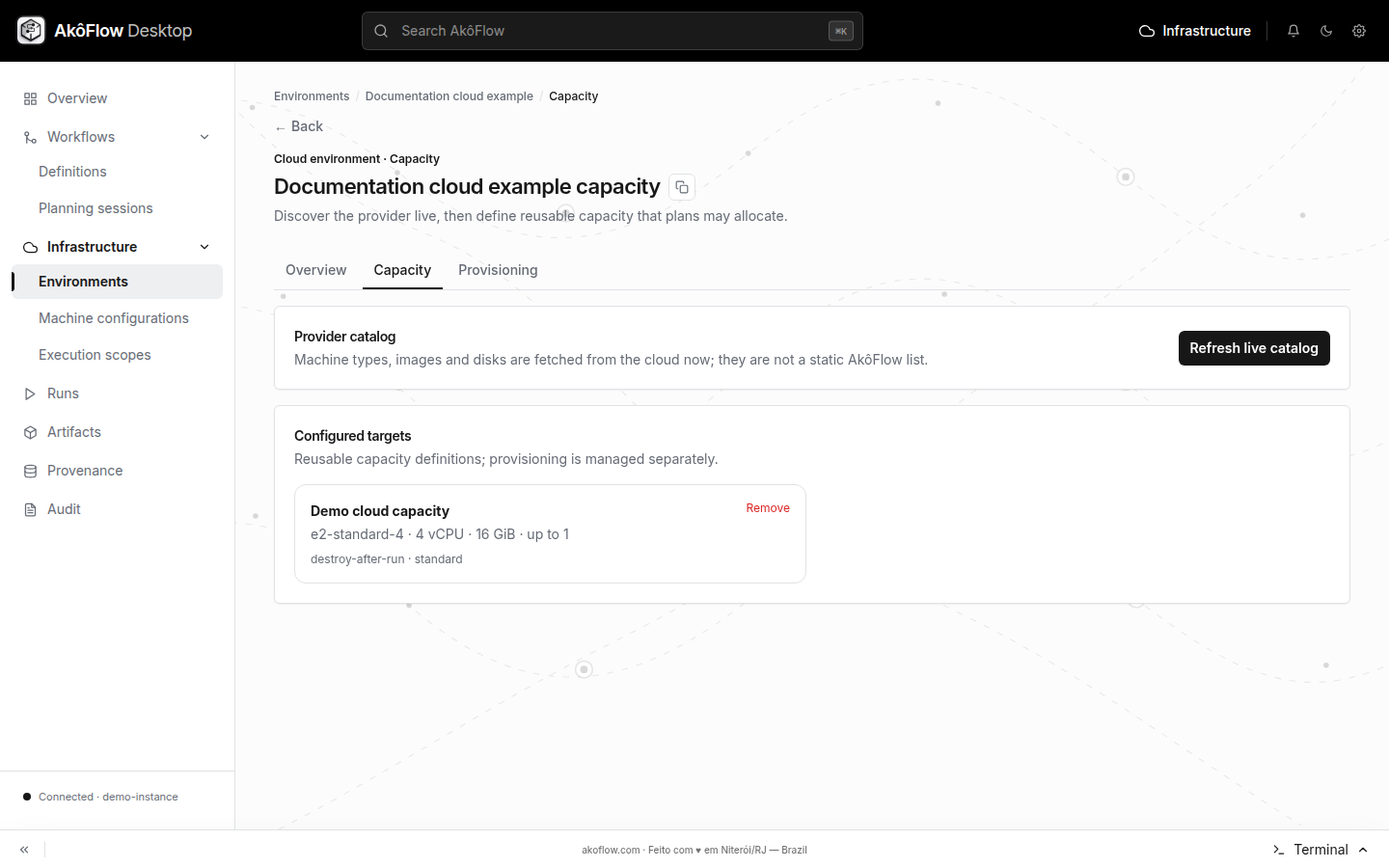 Cloud capacity target and provider catalog controls